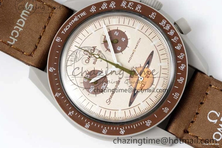 0427 Speedmaster Misson To Saturn 1:1 Best Edition Beige Dial On Nylon Strap Quartz Casual 7861